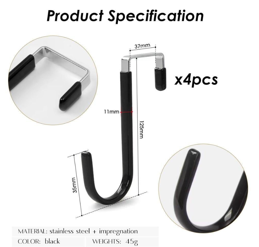 Jack Brown Strong Kitchen Bathroom Over Door Hanging Utility Hooks 4-Pieces - Black