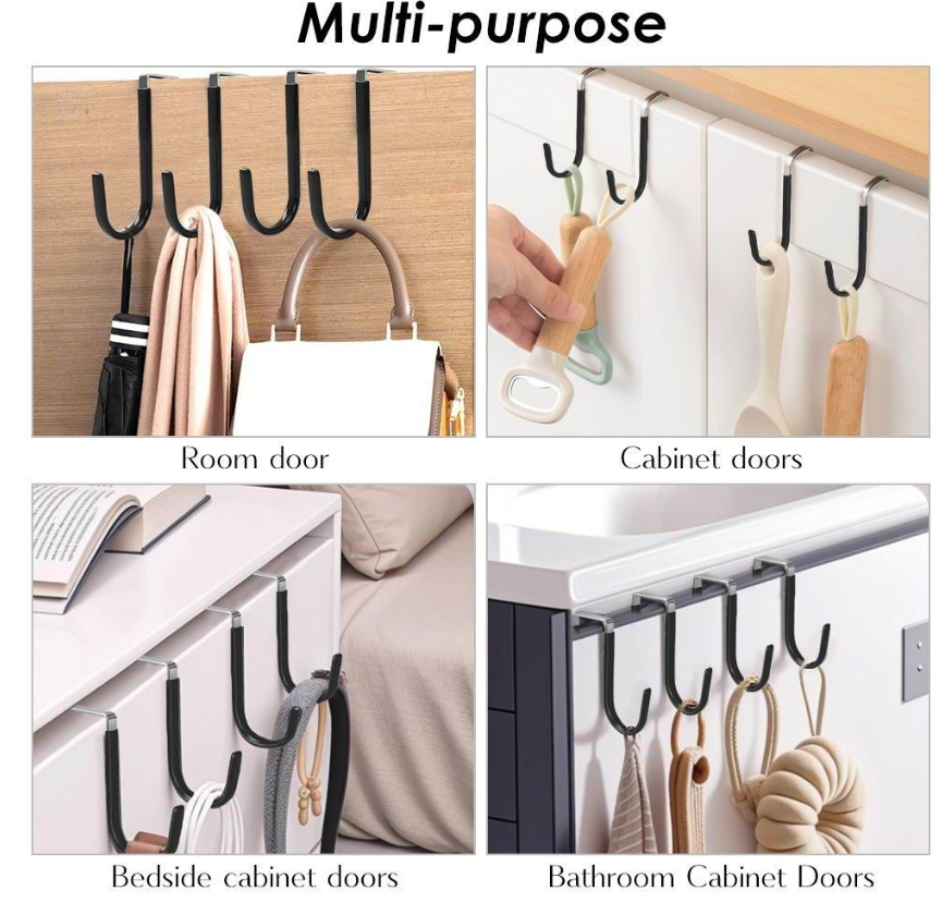 Jack Brown Strong Kitchen Bathroom Over Door Hanging Utility Hooks 4-Pieces - Black