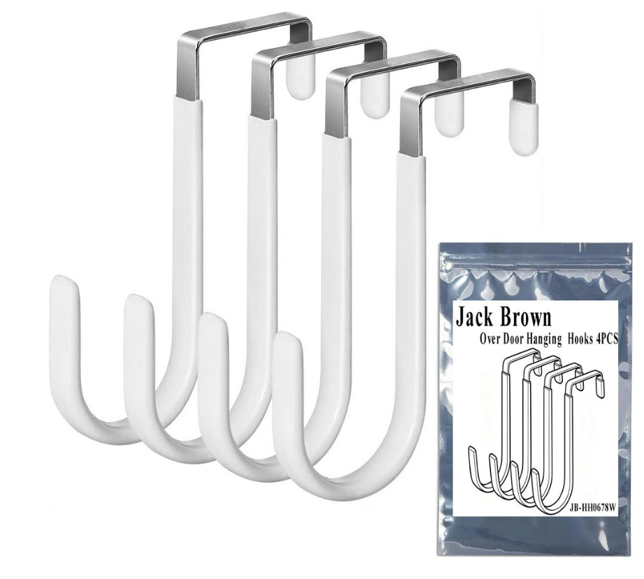 Jack Brown Strong Kitchen Bathroom Over Door Hanging Utility Hooks 4-Pieces - White