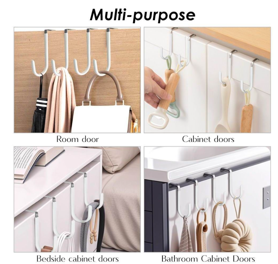 Jack Brown Strong Kitchen Bathroom Over Door Hanging Utility Hooks 4-Pieces - White