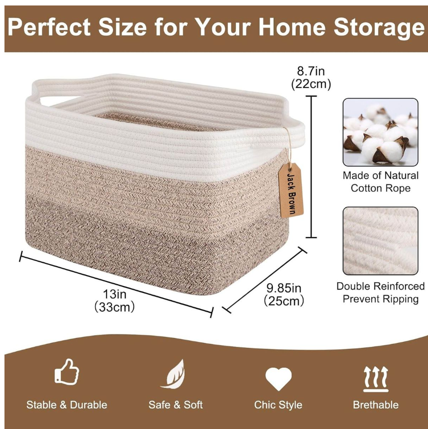 Jack Brown 19L Cotton Woven Storage Basket Cosmetic&Towel Organiser Bins - Beige
