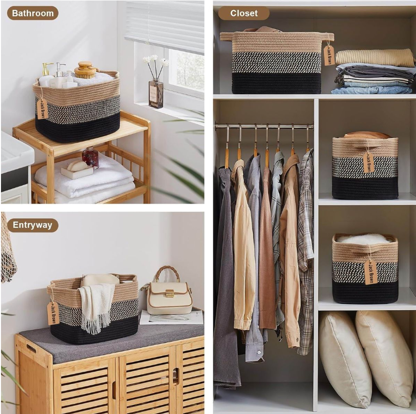 Jack Brown 19L Cotton Woven Storage Basket Cosmetic&Towel Organiser Bins - Black