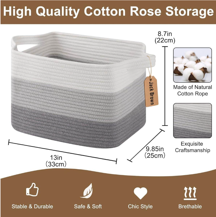 Jack Brown 19L Cotton Woven Storage Basket Cosmetic&Towel Organiser Bins - Grey