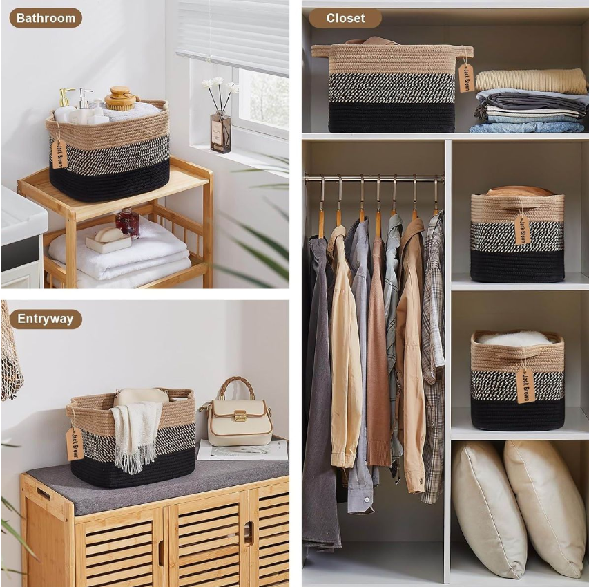 Jack Brown 19L Cotton Woven Storage Basket Cosmetic&Towel Organiser Bins- Black