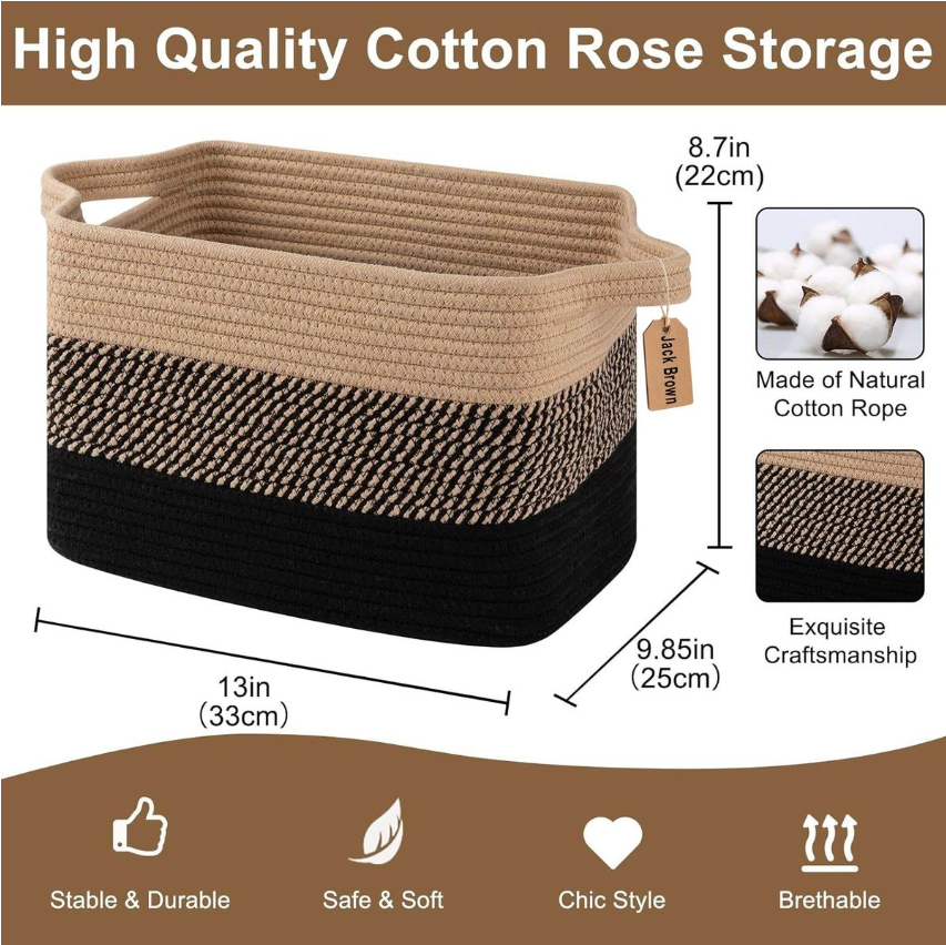 Jack Brown 19L Cotton Woven Storage Basket Cosmetic&Towel Organiser Bins- Black