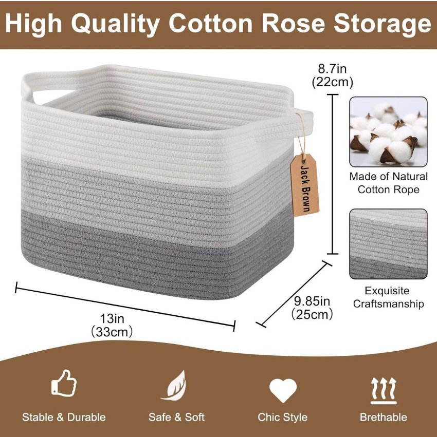 Jack Brown 19L Cotton Woven Storage Basket Cosmetic&Towel Organiser Bins- Grey