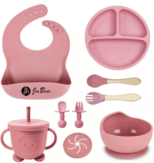 Jane Becker 10-Piece Silicone Baby & Toddler Feeding Set pink