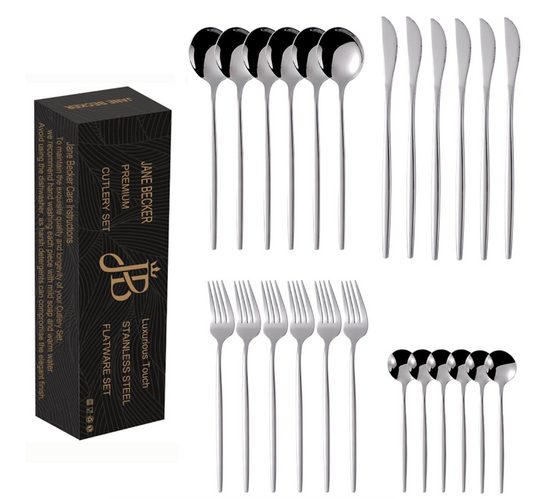 Jane Becker 24-Piece Stainless Steel Cutlery Set - Premium Quality - Silver