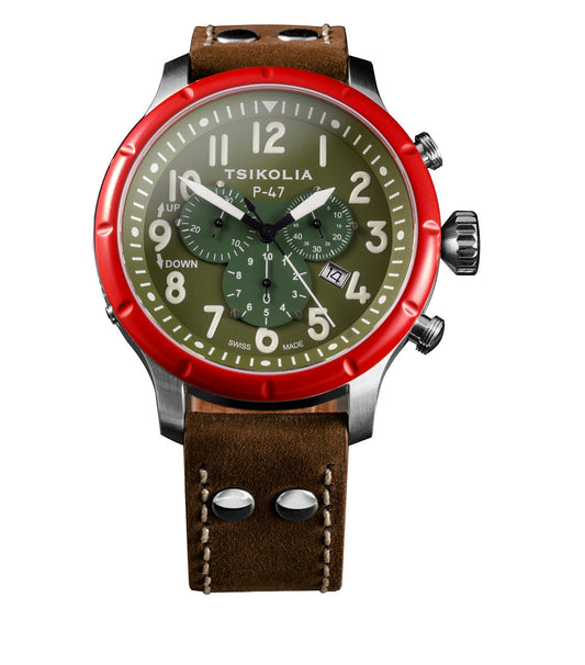 TSIKOLIA P47 Limited Edition Swiss Made Men's Leather Watch - Red Bezel